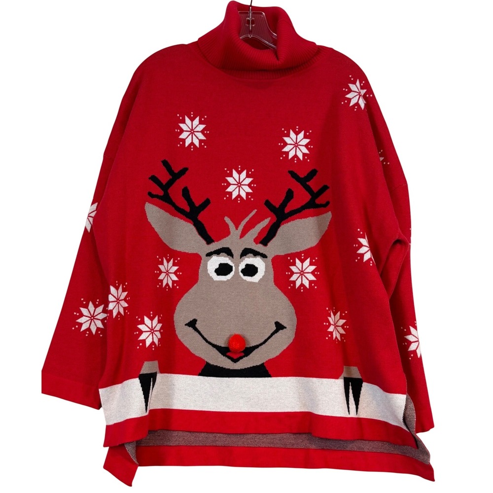 Red Reindeer Ugly Christmas Sweater‎ Turtleneck Snowflake Holiday •XL• Festive